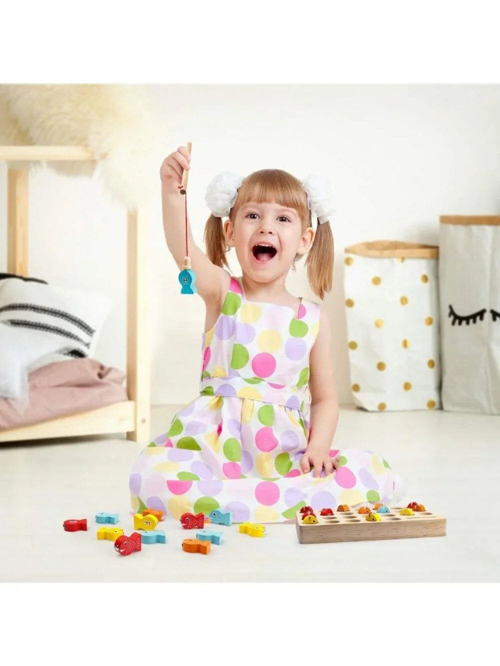 Wooden Magnetic Fishing Game - Fine Motor Skills, ABC Alphabet Color Sorting